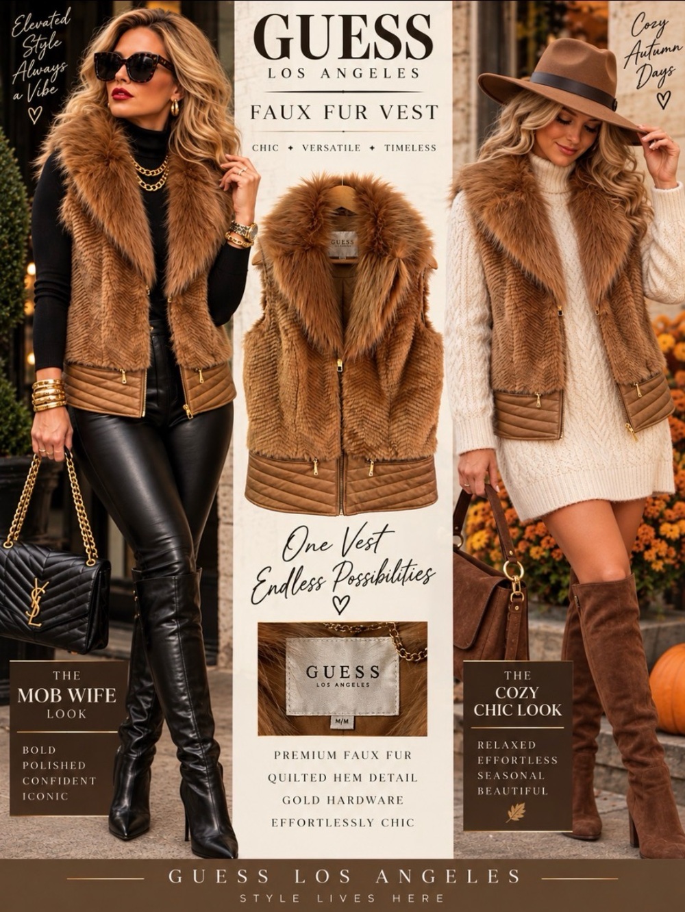 GUESS Piper Tan Faux Fur Mixed Media Vest - Mob Wife Aesthetic - M